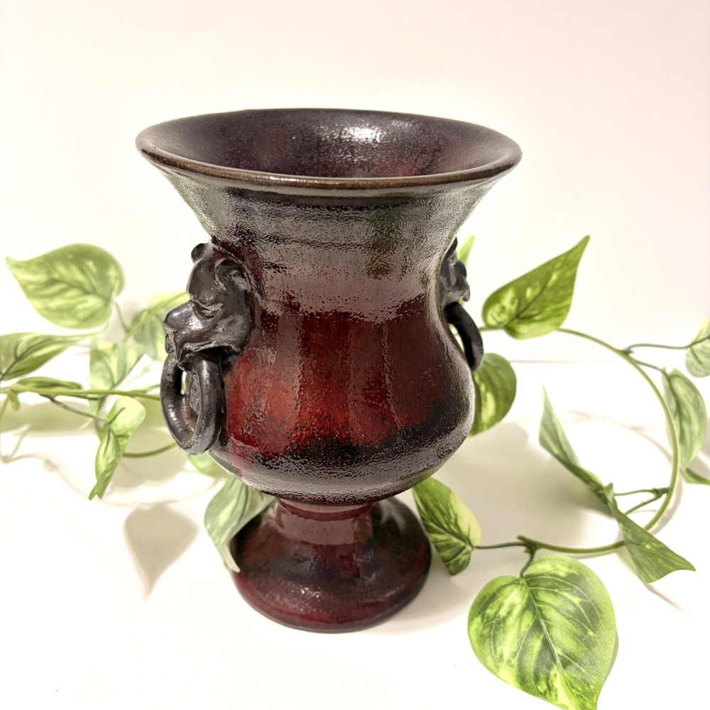 RARE Gargoyle Handle Urn Vase Oxblood Red Black Volcanic Glaze Terracotta 8.5" - Picture 2 of 16